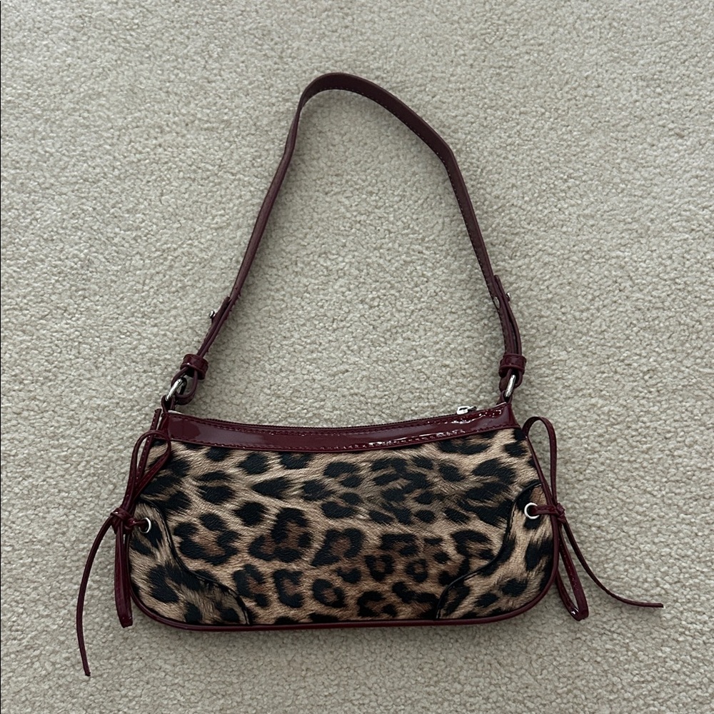 Leopard Print Shoulder Bag with Burgundy Trim